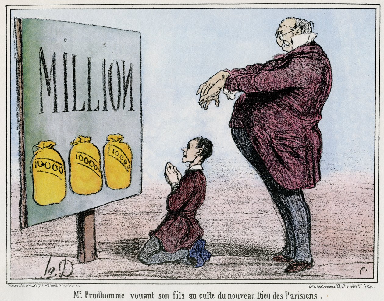 Pan Prudhomme poświęca swojego syna kultowi nowego paryskiego Boga autorstwa Honore Daumier