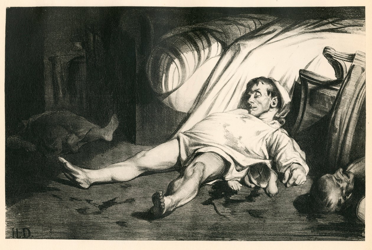 Sto dwadzieścia litografii H. Daumiera, Satyryka w N & B, ok. 1834: Masakra de la rue Transnonain (Paryż) - Republikanin, Martwe trupy, Represja - Ilustracja Honore Daumiera (1808-1879) autorstwa Honoré Daumier