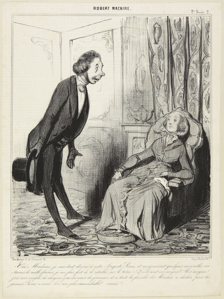 „Tak, madame, jestem całkowicie oddany naszemu dostojnemu księciu...”, numer 2 z serii Robert Macaire z Le Charivari autorstwa Honoré Daumier