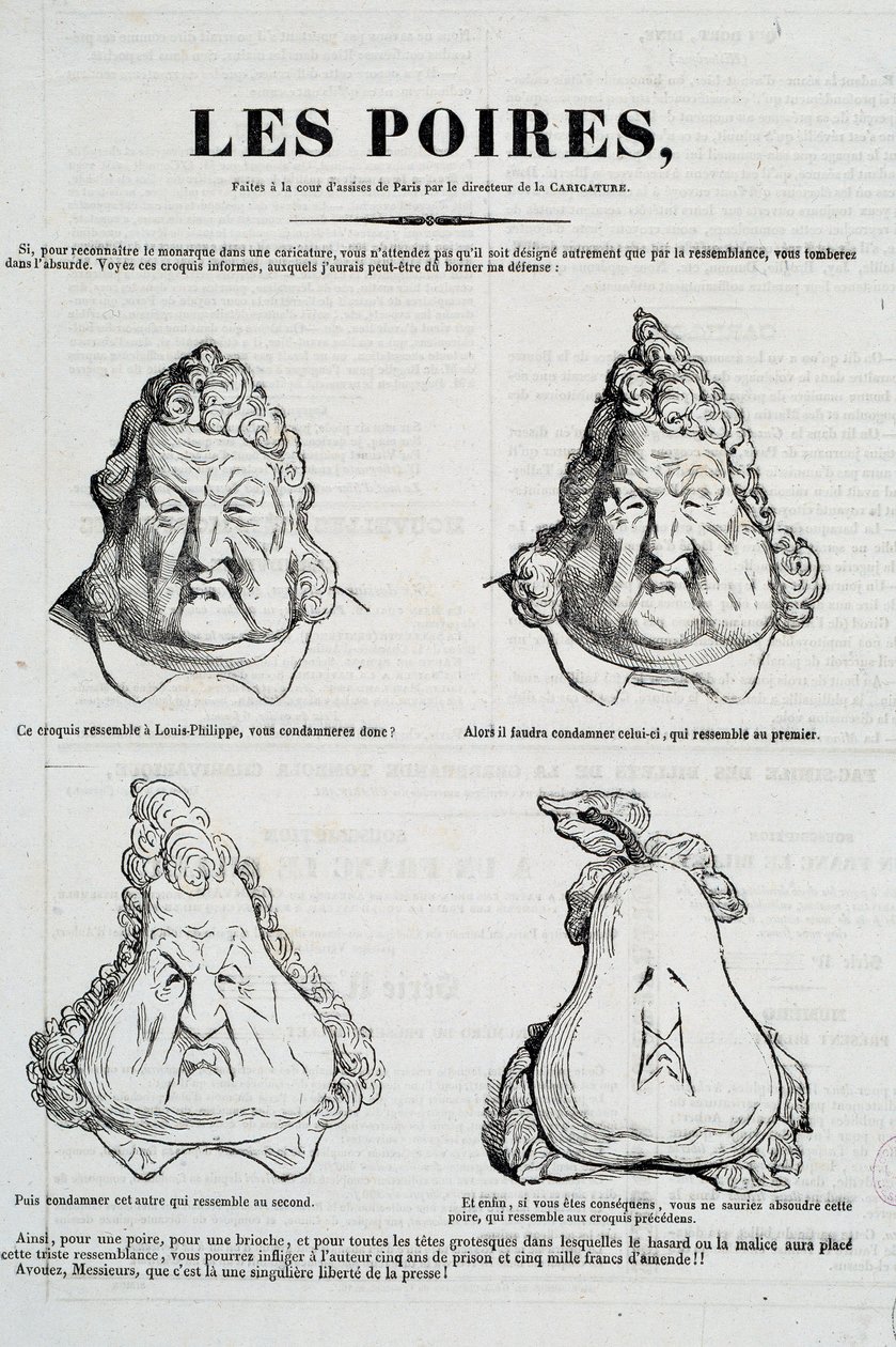 Gruszki: Karykatura przedstawiająca metamorfozę twarzy Ludwika Filipa w gruszkę. Rysunek Honore Daumiera (1808-1879) według oryginalnego rysunku Charlesa Philippona (1806-1862) „La Caricature”, styczeń 1832 Paryż, Musee Carnavalet autorstwa Honoré Daumier