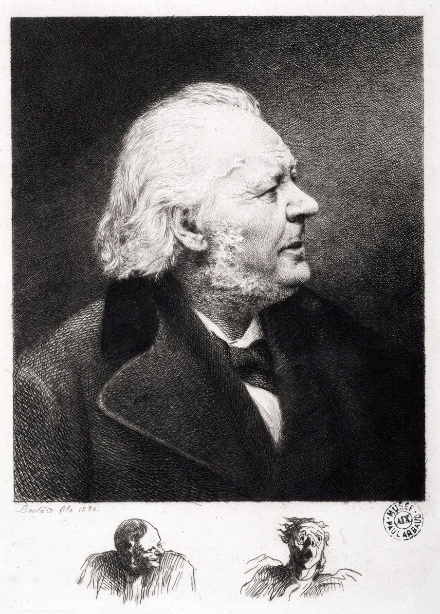 Portret Honore Daumiera (1808-1879), francuskiego rytownika, malarza i rzeźbiarza. Grawerowanie syna Boularda autorstwa Honoré Daumier