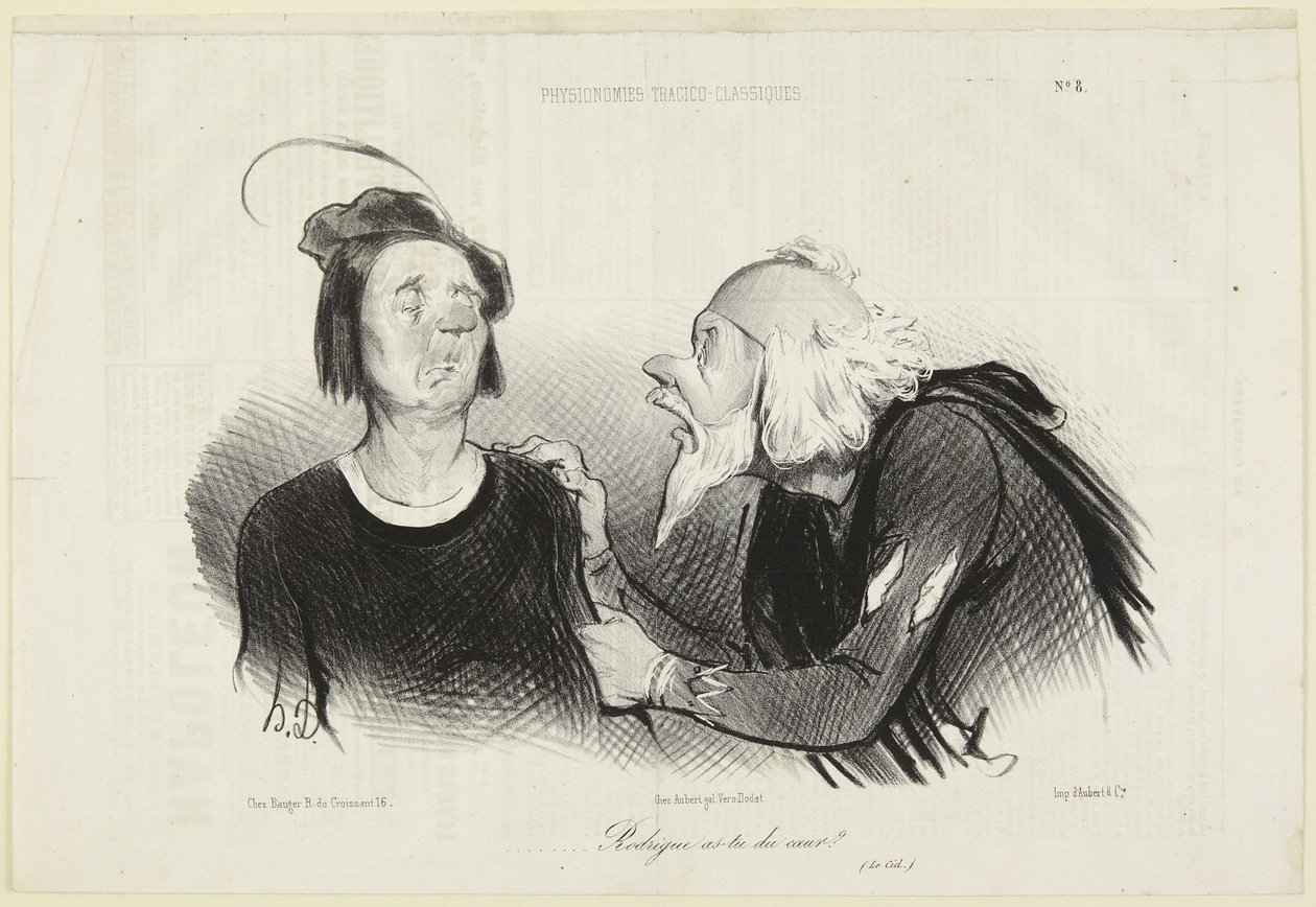 „Rodrigu, czy masz odwagę?”, numer 8 z serii Fizjonomie tragikoklasyczne z Le Charivari autorstwa Honoré Daumier