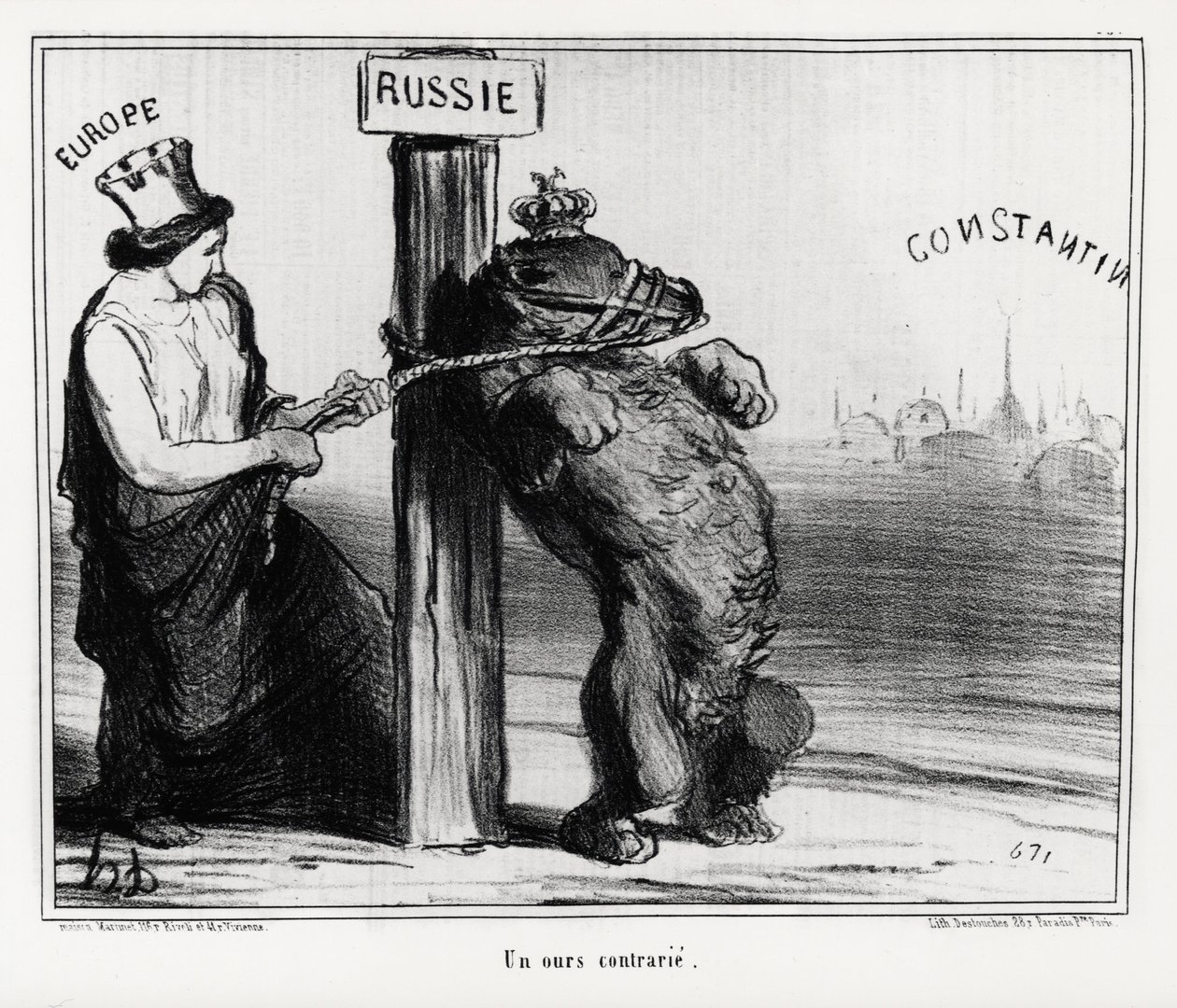 Rosja: niedźwiedź zdenerwowany (przez Europę). W marcu 1854 Francja i Anglia zawarły sojusz z Turcją przeciwko Rosji Ilustracja Honore Daumier (1808-1879), opublikowana w wiadomościach „Charivari” autorstwa Honoré Daumier