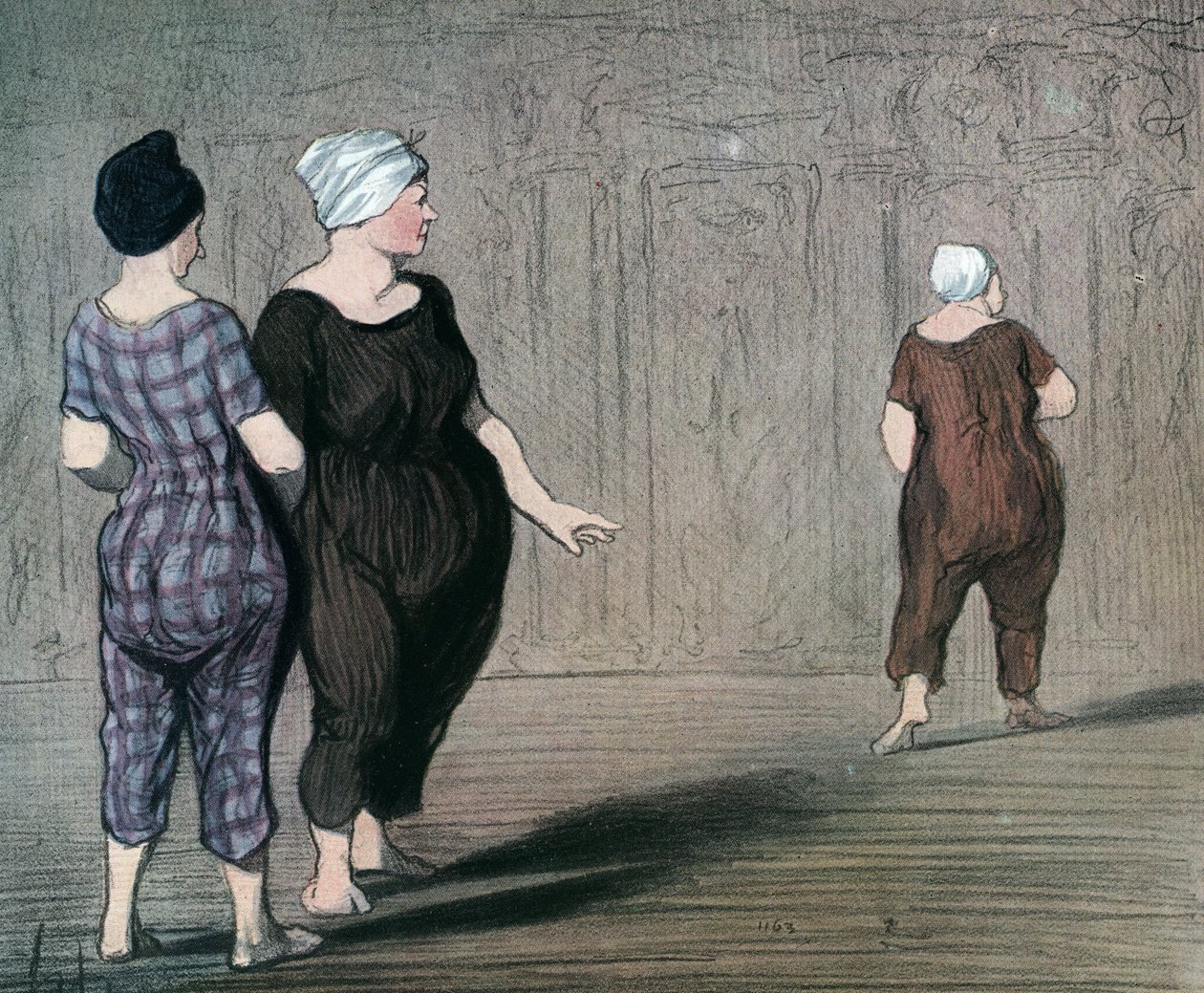 Cykl „Les batheuses”” dwie kobiety w strojach kąpielowych przyglądają się krojowi innej, karykatura autorstwa Honore Daumier (1808-1879) 1844 (Kąpiące się: dwie panie w kostiumie kąpielowym, patrzą w górę i w dół na talię drugiej) Prywatne kolekcja autorstwa Honoré Daumier