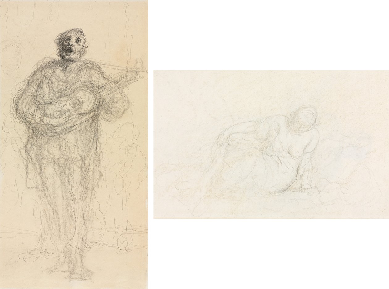 Śpiewający gitarzysta (recto); Pochylona kobieta oparta na ramieniu (verso) autorstwa Honoré Daumier