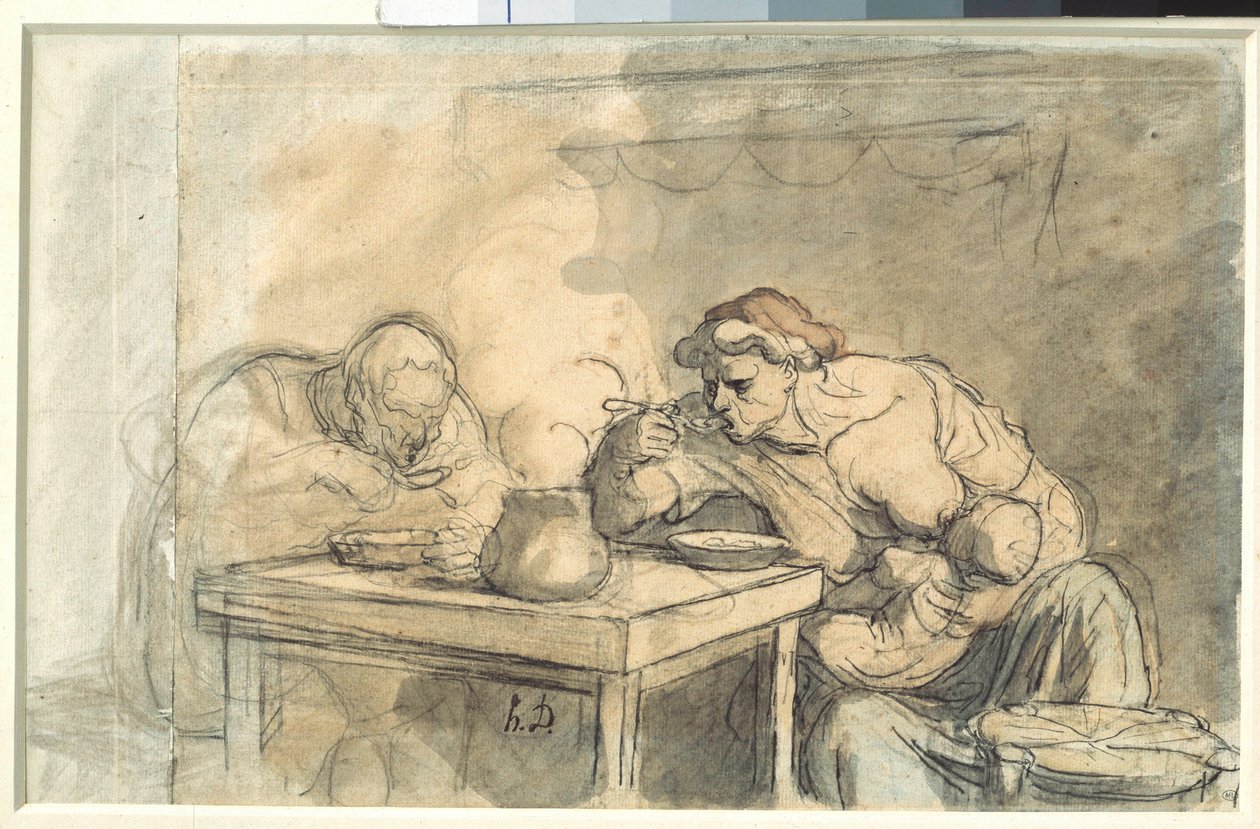 Zupa Kilka pracowników je zupę, matka karmi piersią dziecko. Akwarela Honore Daumier (1808-1879). 1862-1865. Ciemny. 0,3x0,49m. Paryż, Luwr autorstwa Honoré Daumier