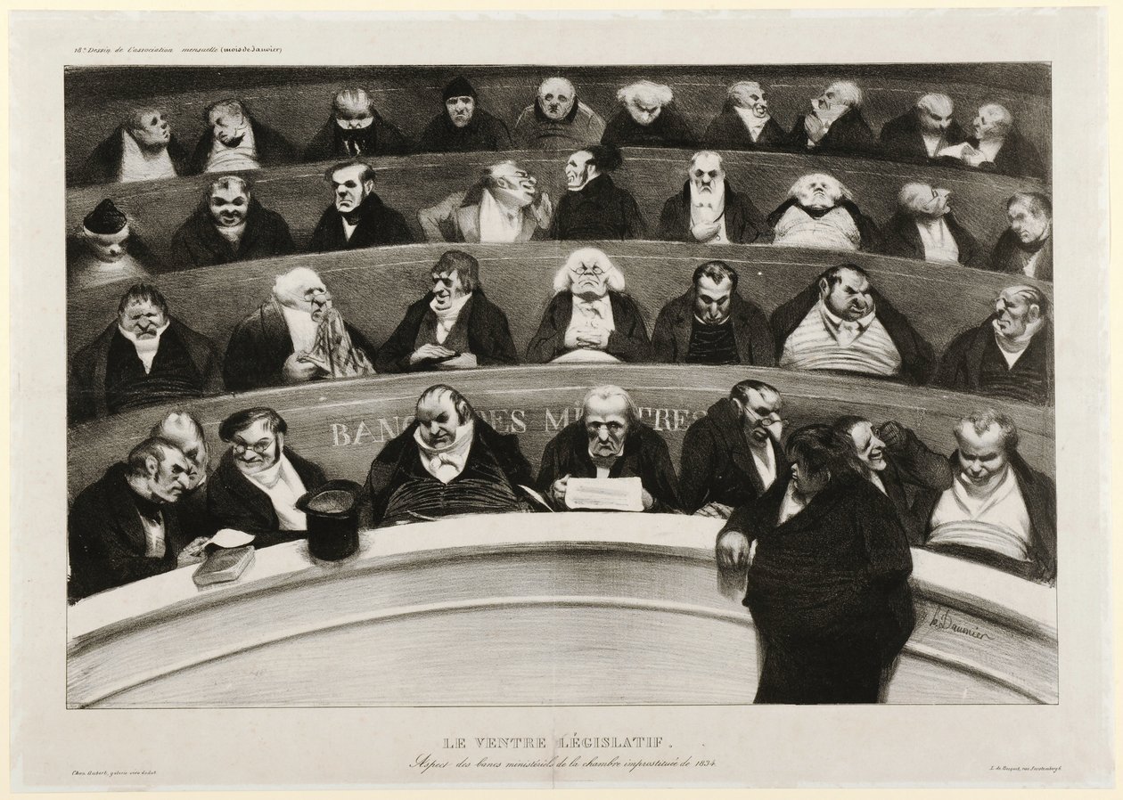 Brzuch legislacyjny: widok na ławki ministerialne w zaimprowizowanej izbie z 1834 r. (litografia) autorstwa Honoré Daumier
