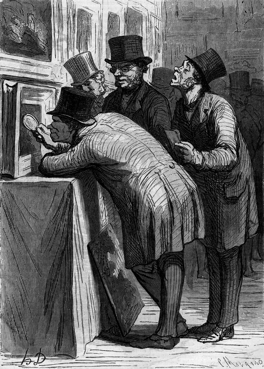 Dom aukcyjny: miłośnik sztuki. Karykatura Honore Daumiera (1808-1879). Grawer w „Le Monde Illustré” nr 314 z 18 kwietnia 1863 r. autorstwa Honoré Daumier