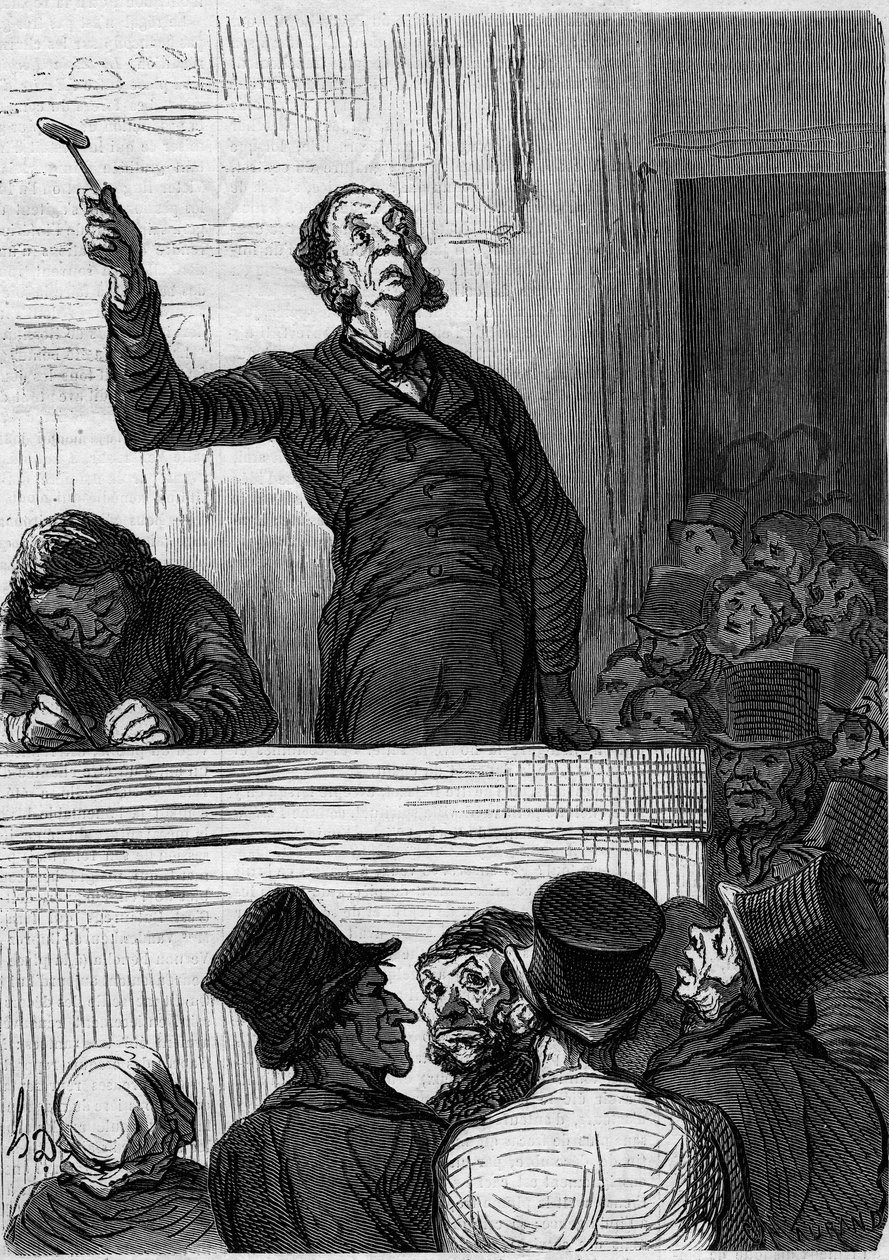 Dom aukcyjny: licytator (aukcjoner). Karykatura Honore Daumiera (1808-1879). Grawerowanie w „”Le Monde Illustré””n°300 z 10 stycznia autorstwa Honoré Daumier