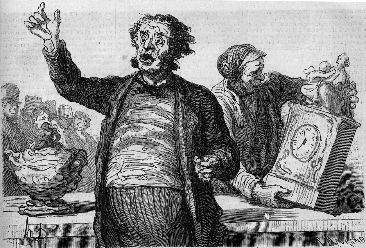 Hotel licytatorów: wołacz publiczny. Karykatura Honore Daumiera (1808-1879). Grawerowanie w „”Le Monde Illustré””n°551 z 2 stycznia autorstwa Honoré Daumier