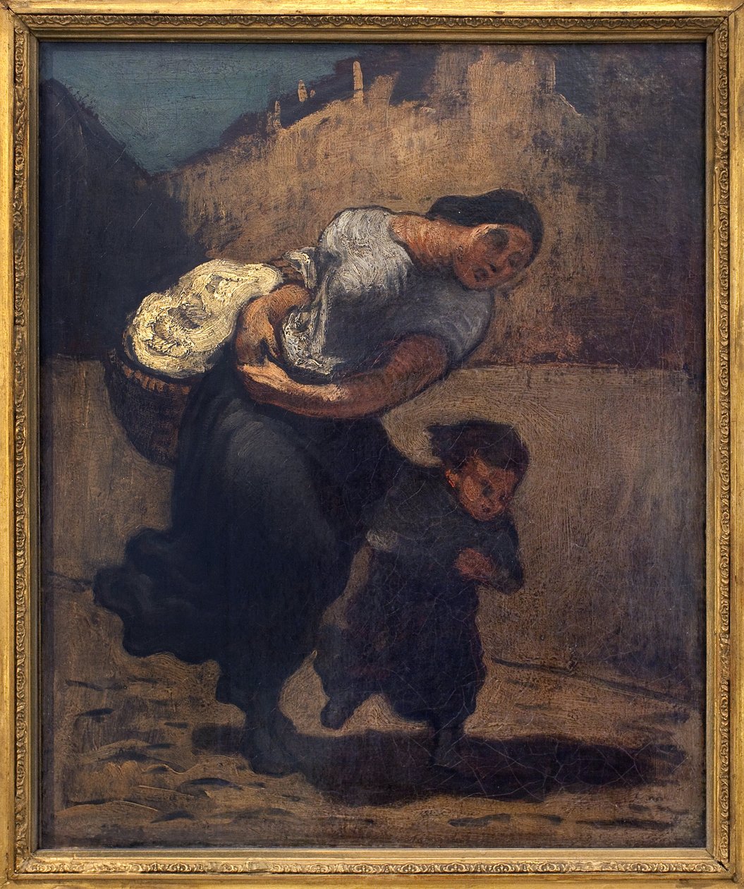 Burza (lawenda). Kobieta trzymająca niski koszyk z dzieckiem, prawdopodobnie po to, by uchronić się przed deszczem. Grafika Honore Daumier (1808-1879), olej na tekturze autorstwa Honoré Daumier