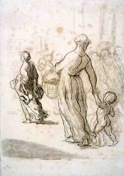 Dwie kobiety i dziecko, ok. 1848-50 (kreda, węgiel i gwasz na antycznym papierze wykładanym) autorstwa Honoré Daumier