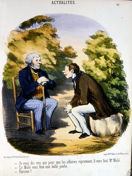 Dwóch mężczyzn rozmawiających o polityce i użyteczności hrabiego de Mole (kolor lito) autorstwa Honoré Daumier