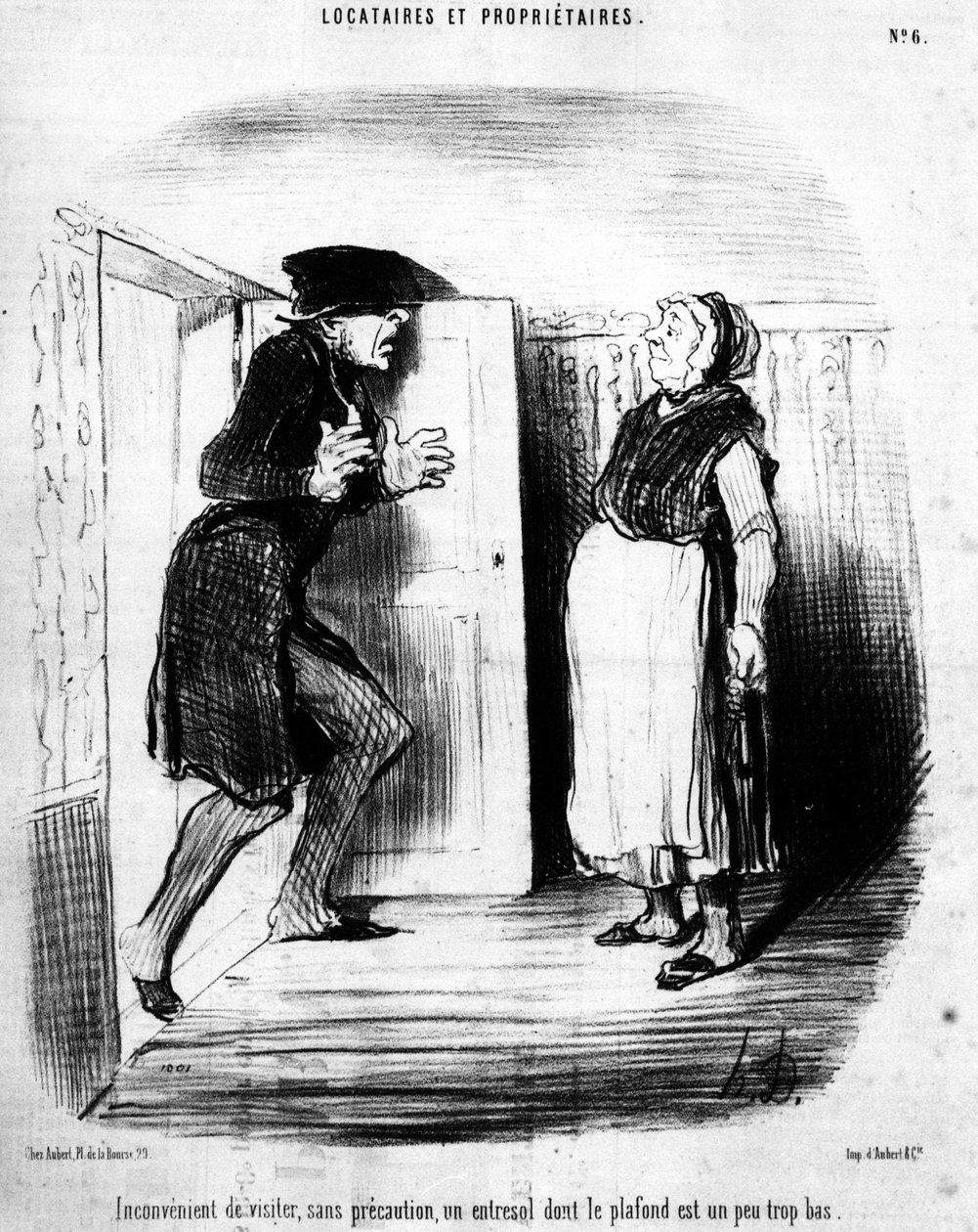 Niewygodne do odwiedzenia, bez ostrożności, antresolę, której sufit jest trochę za niski, zaczerpnięty z serialu animowanego „Tenants et Owners” Honore Daumiera (1808-1879). „Charivari” autorstwa Honoré Daumier