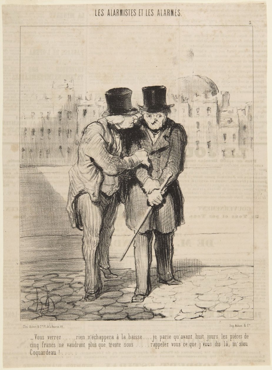 Zobaczycie… nic nie uniknie spadku…, numer 3 z serii „Alarmiści i zaniepokojeni” z magazynu „Le Charivari” autorstwa Honoré Daumier
