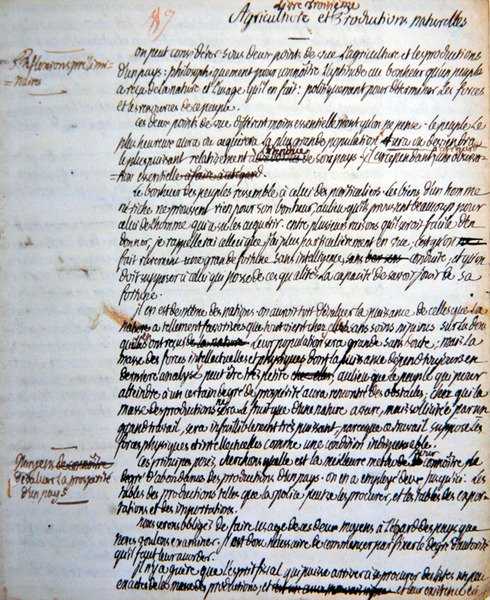 Strona z traktatu Mirabeau o rolniczej, gospodarczej i militarnej organizacji monarchii pruskiej „De la Monarchie Prussienne” (tusz na papierze) autorstwa Honore Gabriel de comte de Mirabeau Riqueti