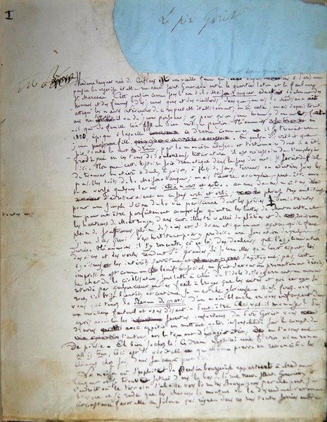 Pierwsza strona rękopisu „Le Pere Goriot” (pióro i atrament na papierze) autorstwa Honore de Balzac