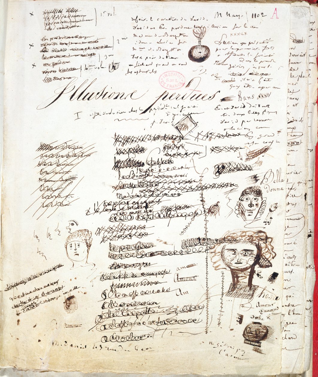 Strona tytułowa „Les Illusions Perdues”, c. 1830-40 (pióro i atrament na papierze) autorstwa Honore de Balzac