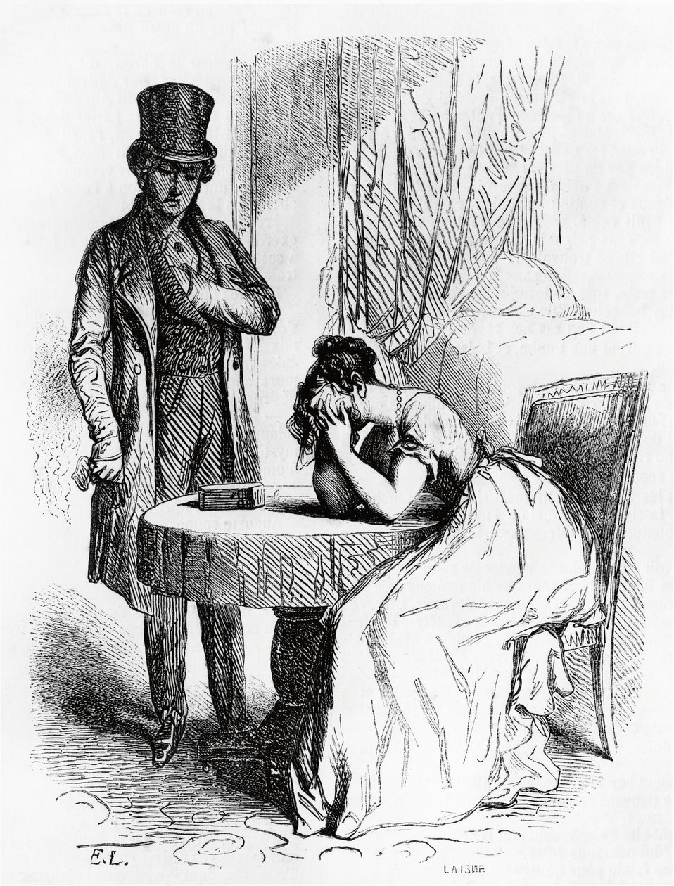 Kobieta pogrążona w rozpaczy pod spojrzeniem mężczyzny, ilustracja z Ferragusa Honore de Balzaca (1799-1850), wydanie francuskie autorstwa Honore de Balzac