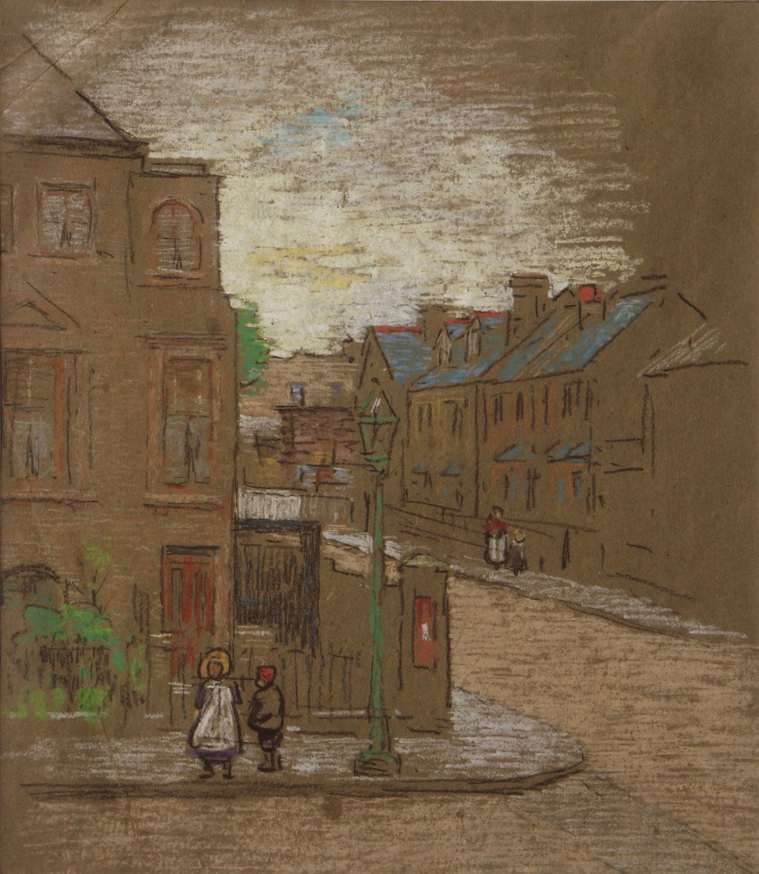 Dzieci czekające na rogu ulicy, ok. 1900 (kolorowa kreda na brązowym papierze) autorstwa Horace Mann Livens