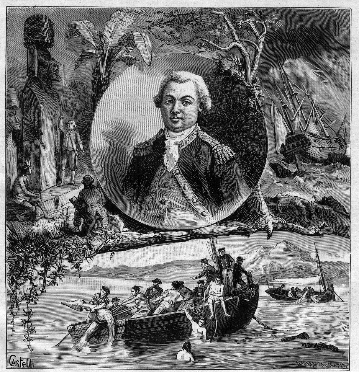 Le Centenaire de La Perouse (Jean Francois de Galaup Laperouse) - Portret upamiętniający jego przybycie na Wyspę Wielkanocną 1786 i odnalezienie Astrolabe przez Dumonta d