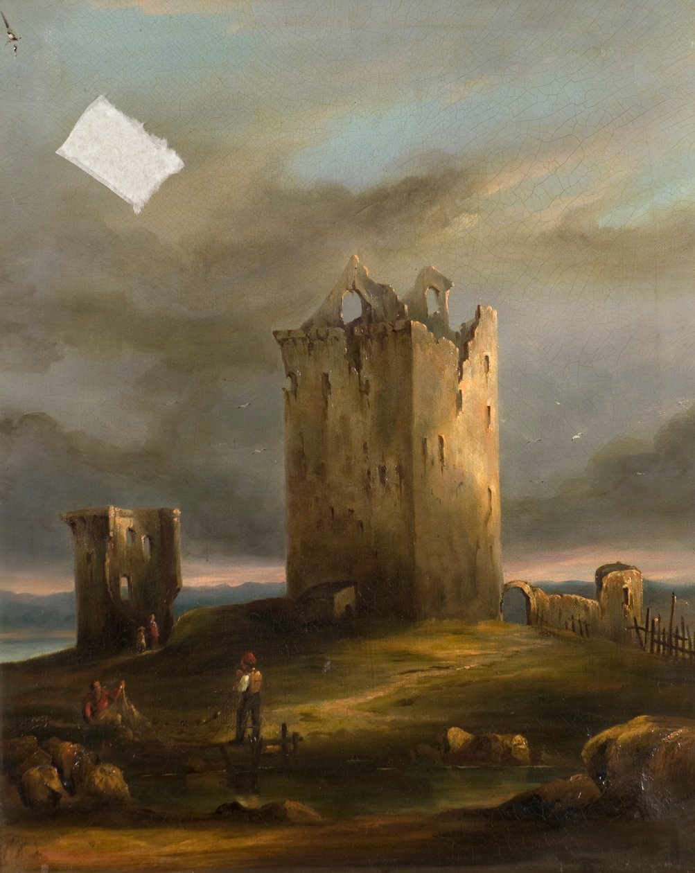 Ruiny zamku Broughty na Tay patrząc na wschód, ok. 1846 (olej na płótnie) autorstwa Horace G. Fenwick
