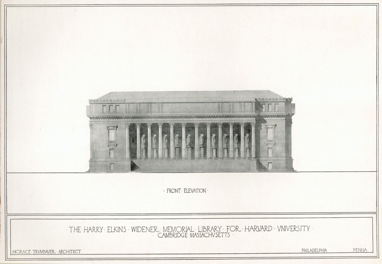 Elewacja frontowa, Harry Elkins Widener Memorial Library dla Uniwersytetu Harvarda, Cambridge, Massachusetts (lito) autorstwa Horace Trumbauer