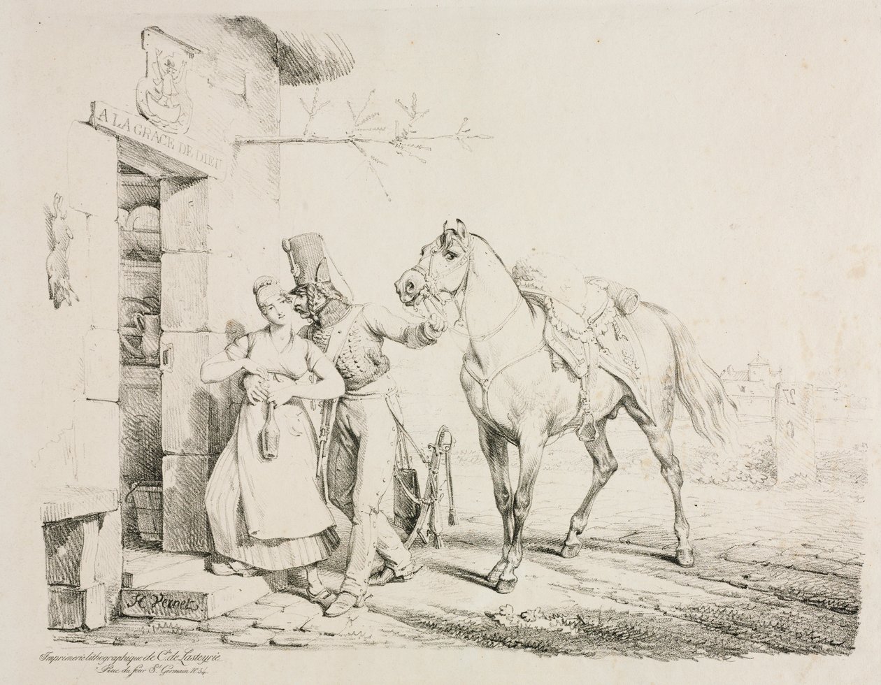 Huzar obejmujący sługę. autorstwa Emile Jean Horace Vernet