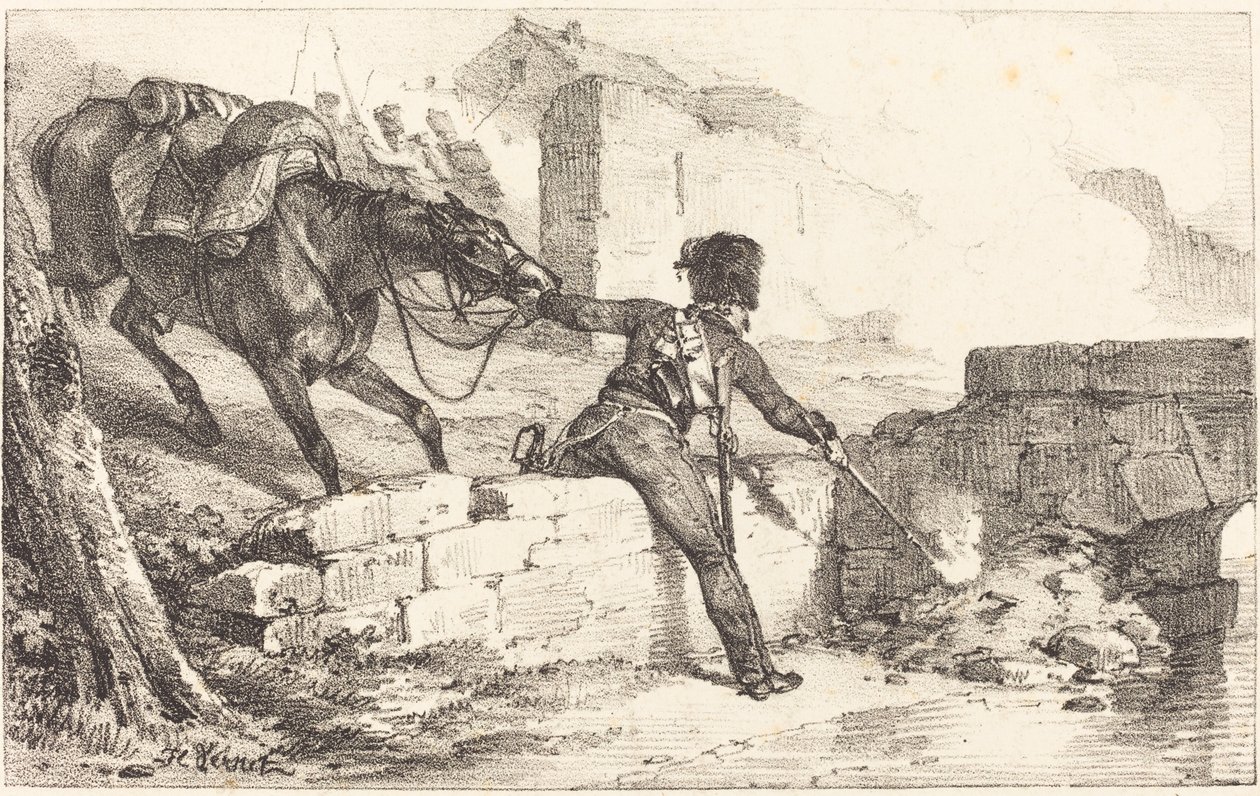 Artylerzysta rozpalający minę autorstwa Emile Jean Horace Vernet