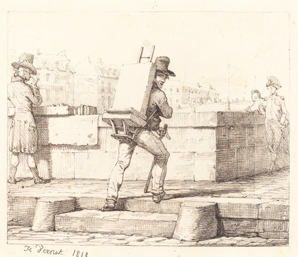 Artysta niosący sztalugi z kamieniem litograficznym autorstwa Emile Jean Horace Vernet
