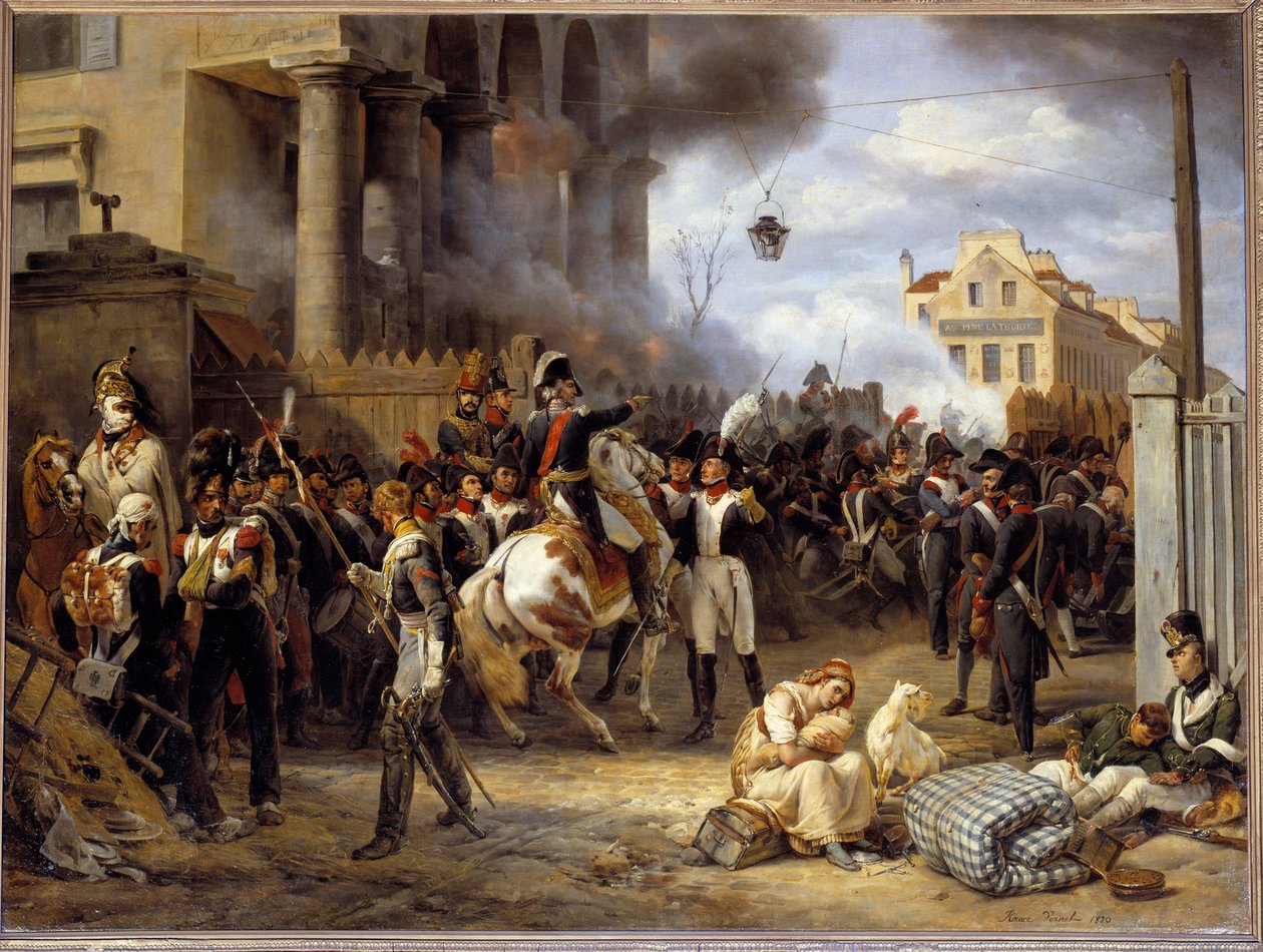 Kampania Francji: „”La barriere de Clichy, obrona Paryża 30.03.1814”” W centrum generał Moncey. Obraz Emile Horace Vernet (1789-1863) 1820 Nd. 0,97 x 1,30 m² autorstwa Emile Jean Horace Vernet