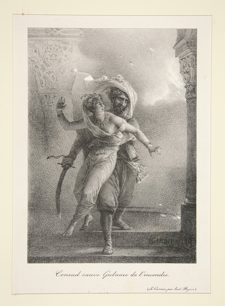 Conrad ratuje Gulnare z pożaru (Korsarz Byrona) autorstwa Horace Vernet