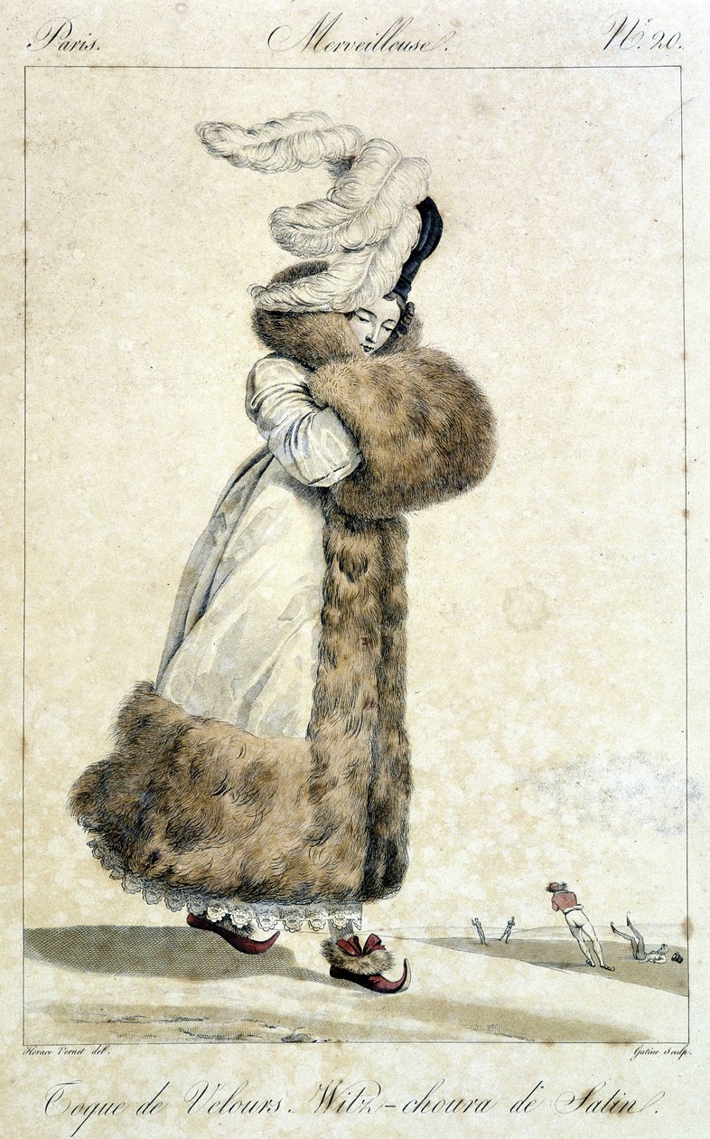 Elegancka kobieta w płaszczu i aksamitnym kapeluszu z piórami. Ilustracja mody damskiej autorstwa Horace