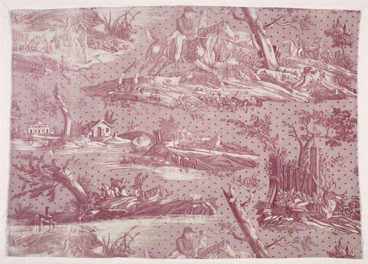 Fragment bawełnianego miedziorytu z nadrukiem przedstawiającym scenę myśliwską autorstwa Horace Vernet