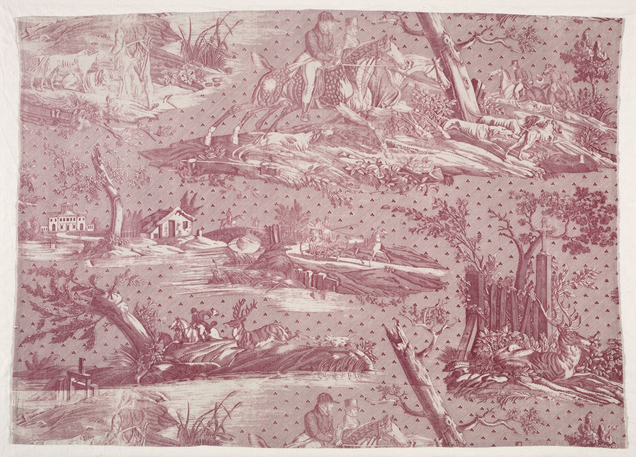Fragment bawełnianej drukowanej miedziorytowanej ze wzorem scen myśliwskich, ok. 1930 r. 1815. autorstwa Emile Jean Horace Vernet