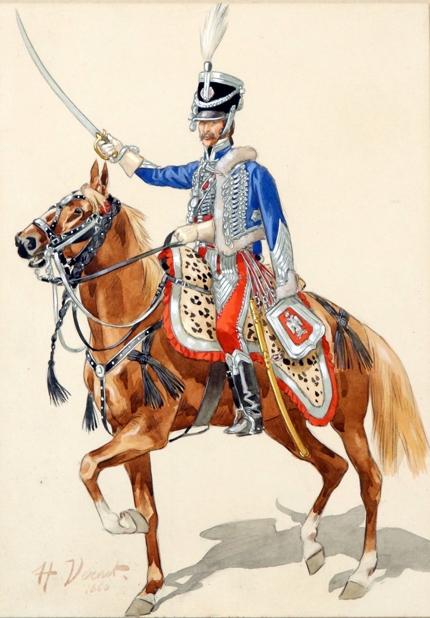 Hussard russe levant son saber - Huzar rosyjski podnoszący szablę do Verneta, Horacy (1789-1863), - Akwarela i tusz na papierze, 30x21 - Kolekcja prywatna autorstwa Emile Jean Horace Vernet