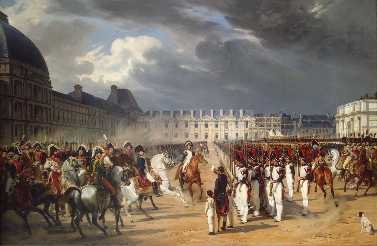 Nieważne przekazanie petycji Napoleonowi podczas parady na dziedzińcu Pałacu Tuileries autorstwa Emile Jean Horace Vernet