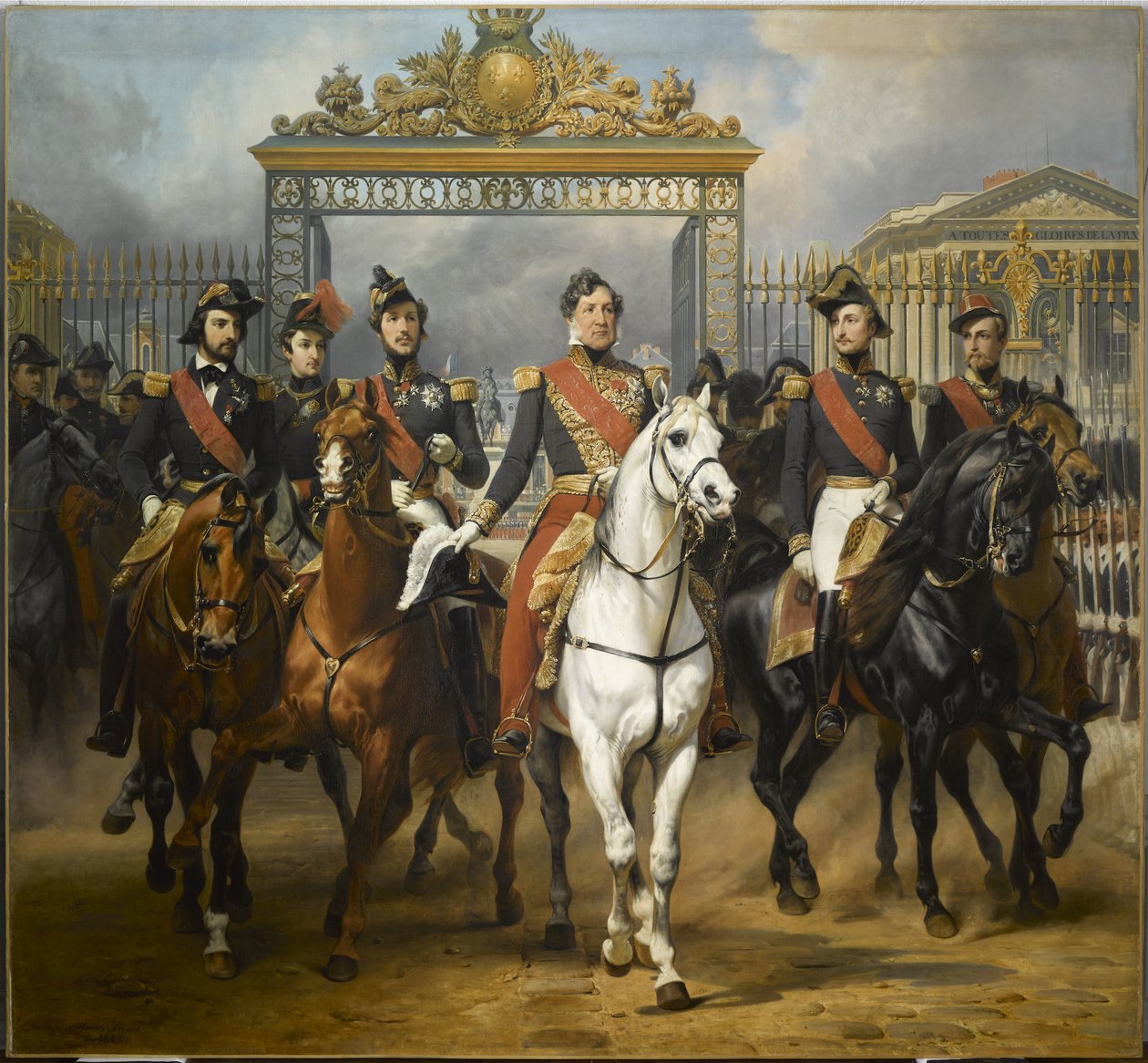 Król Ludwik Filip w otoczeniu swoich pięciu synów wychodzi przez główną bramę zamku wersalskiego po przeglądzie wojskowym na dziedzińcach, 10 czerwca 1837 r. autorstwa Horace Vernet