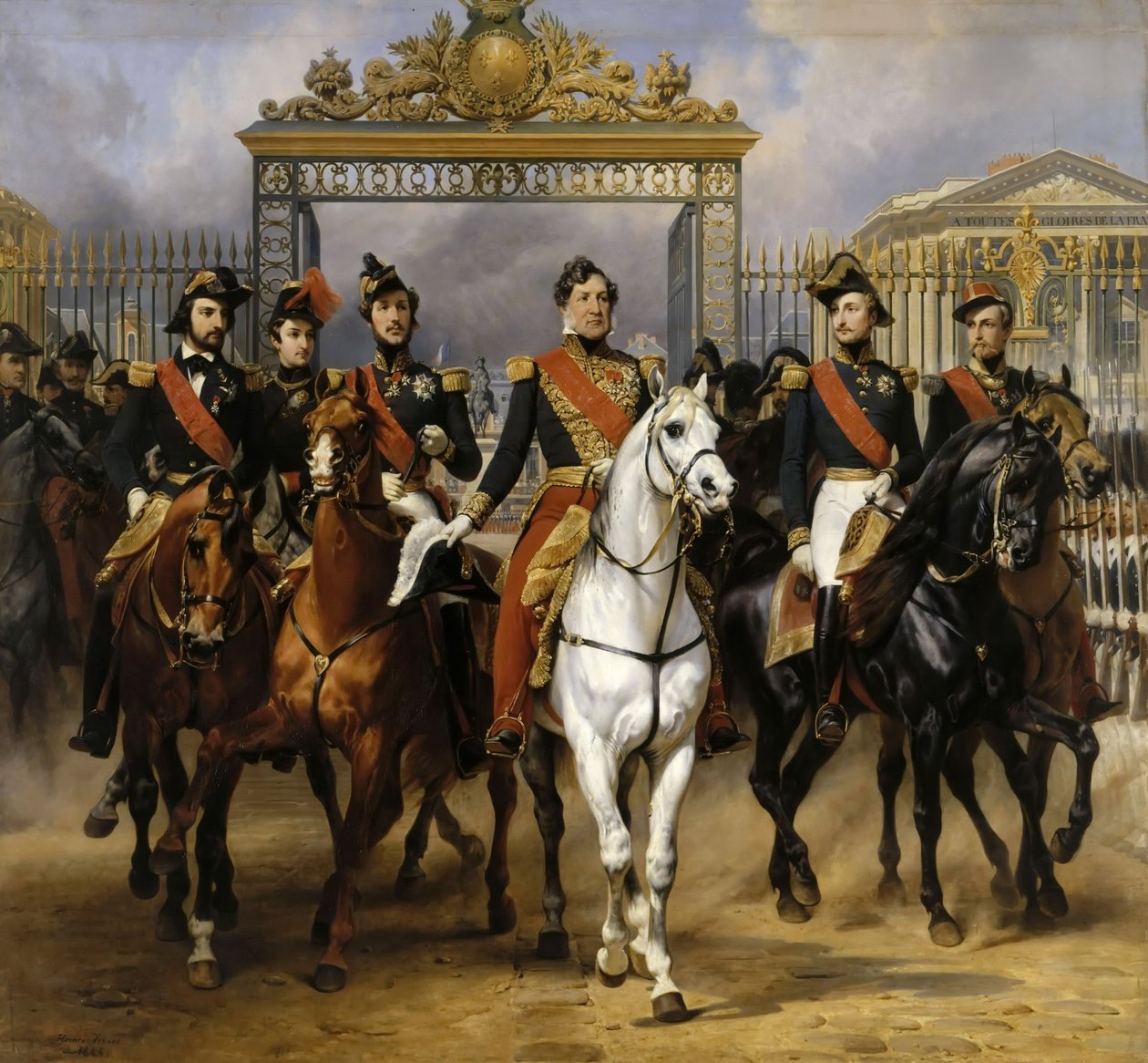 Ludwik Filip i jego synowie na koniu w tym opuszczą Wersal w zamku, 10 czerwca 1837 r autorstwa Emile Jean Horace Vernet