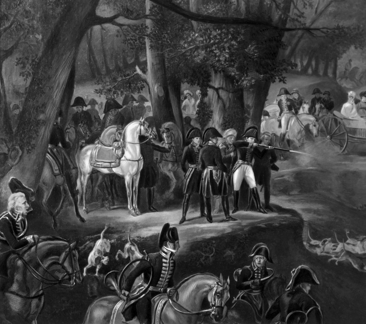 Napoleon I poluje w lesie Fontainebleau autorstwa Emile Jean Horace Vernet