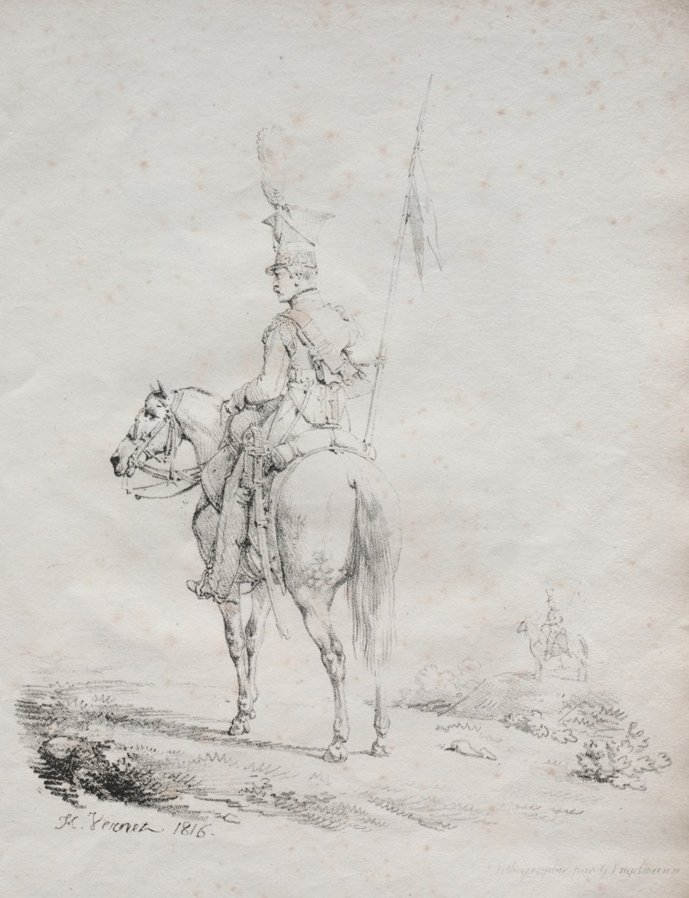 Zbiór esejów litograficznych: Le Lancier en Vedette, 1816. autorstwa Emile Jean Horace Vernet