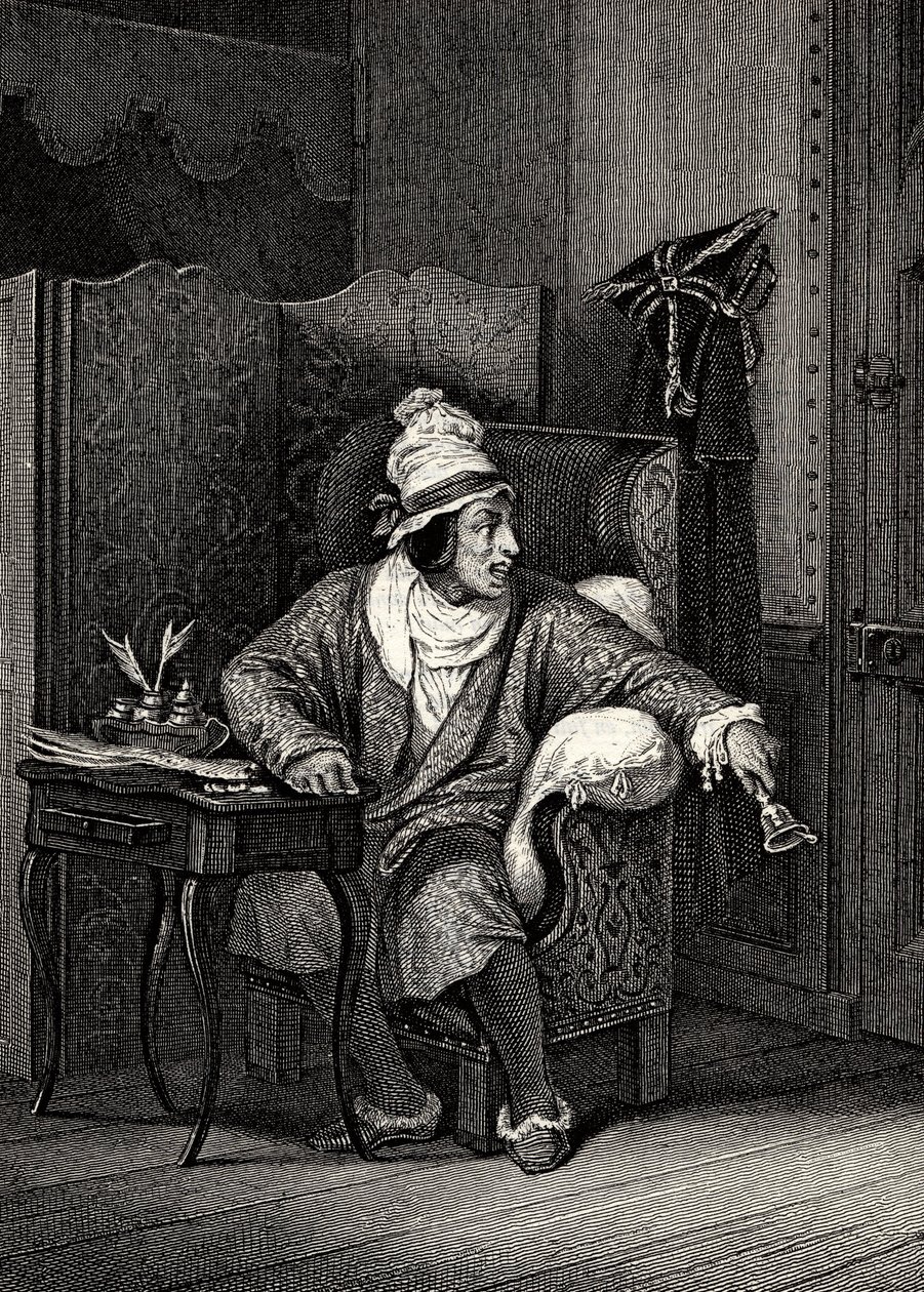 Scena z Imaginary Invalid Moliere, Horace Vernet, rycina - Le Malade imaginaire Jean-Baptiste Poquelin dit Moliere (1622-1673) autorstwa Emile Jean Horace Vernet
