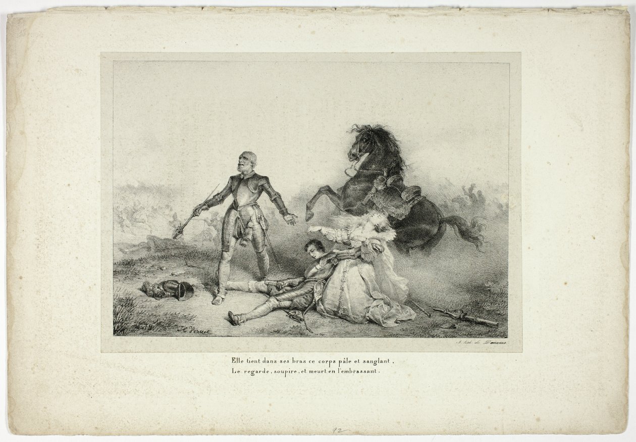 Trzymała w swoich ramionach zwłoki blade i zakrwawione... autorstwa Emile Jean Horace Vernet