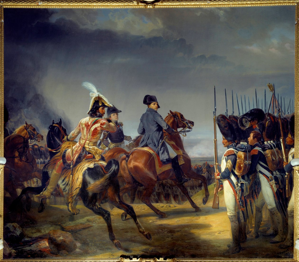 Bitwa pod Ieną 14.10.1806, cesarz Napoleon I (1769-1821), Joachim Murat i Louis Alexandre (Louis-Alexandre) Berthier zdają przegląd gwardii Obraz Emile dit Horace Vernet (1789-1863) 1836 Dim 4, 65x5,43 m² autorstwa Emile Jean Horace Vernet