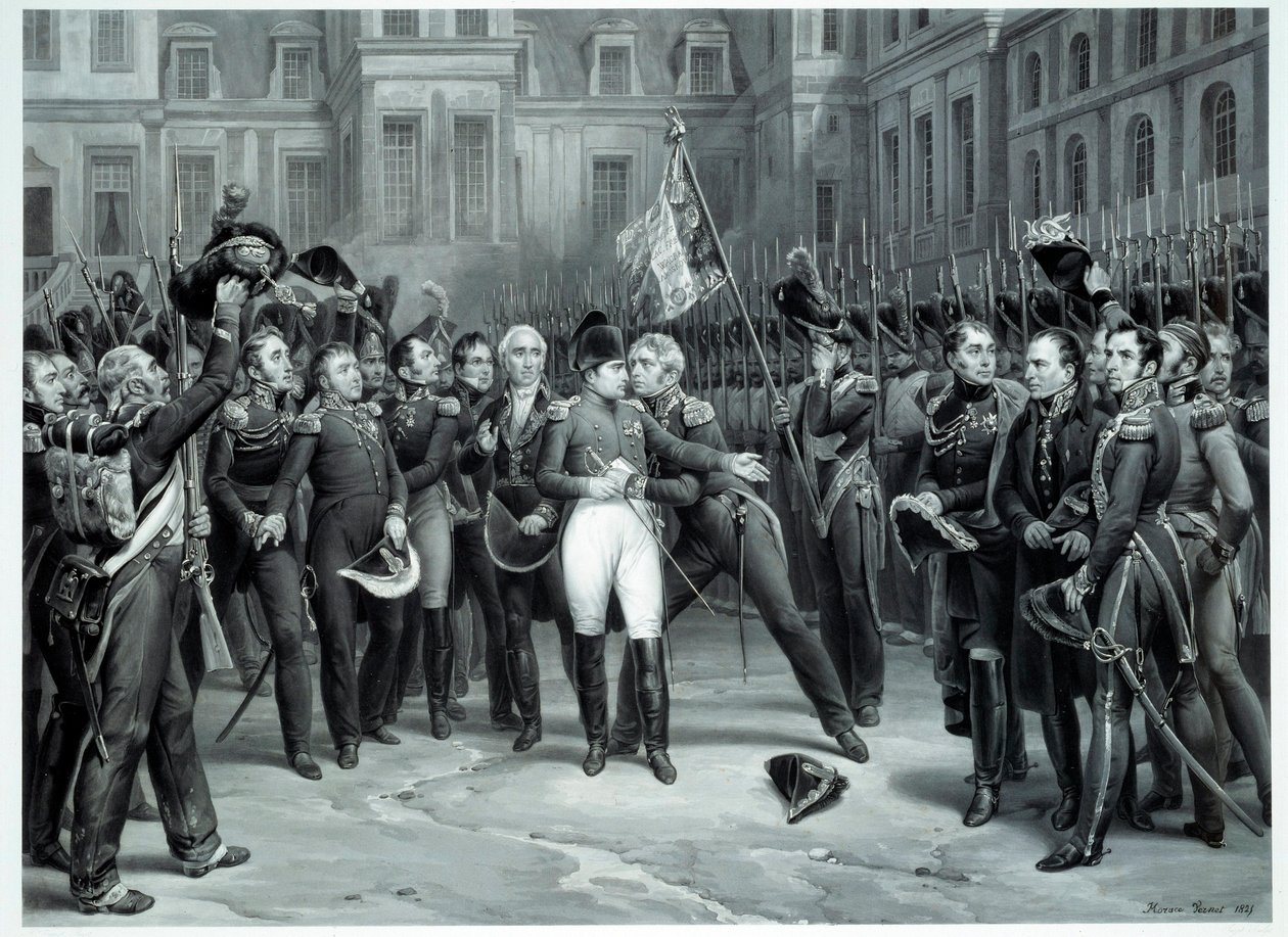 Pożegnanie Napoleona Bonaparte (1769-1821) z gwardią cesarską na dziedzińcu Cheval Blanc w Fontainebleau 20.04.1814 Rycina Emile Vernet dit Horace Vernet (1789-1863) 1814 Paryż, B.N. autorstwa Emile Jean Horace Vernet