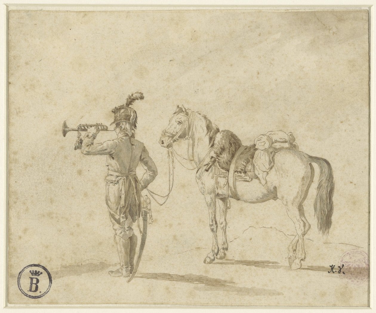 Trębacz obok konia autorstwa Emile Jean Horace Vernet