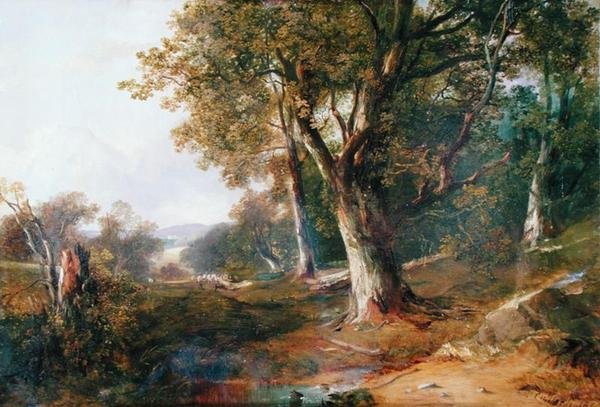 Zalesiony krajobraz z zamkiem w oddali, ok. 1865 (olej na płótnie) autorstwa Horatio McCulloch