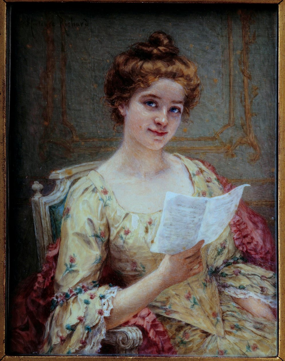 List Manon Miniature na kości słoniowej autorstwa Hortense Richard (1860-po 1939) XIX-wieczne Słońce. 0,13x0,1m² autorstwa Hortense Richard