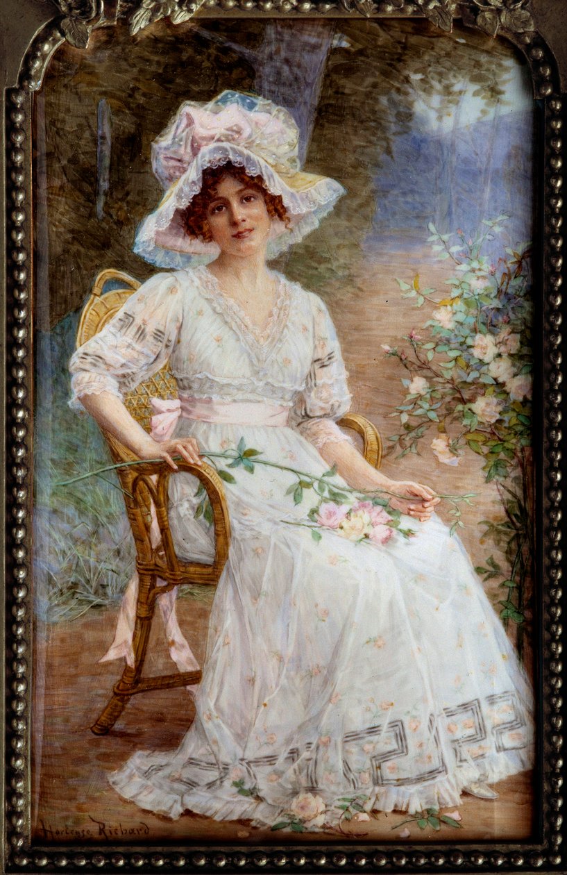 Młoda kobieta siedząca w ogrodzie Miniatura na kości słoniowej – Hortense Richard (1860-po 1939) XX w. Ndz. 0,24x0,15 m² autorstwa Hortense Richard