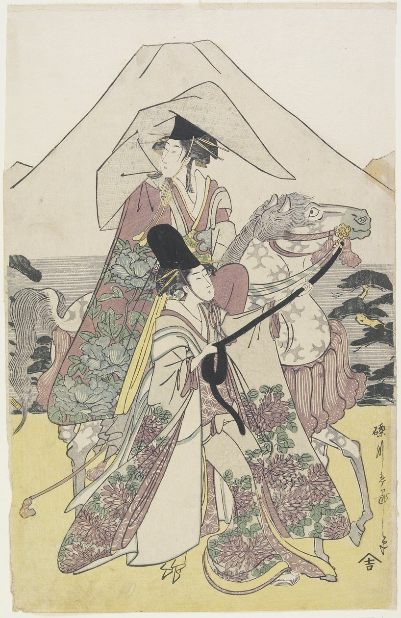 Dwie kobiety podróżujące konno u stóp góry Fuji, ok. 1790 (kolorowy drzeworyt) autorstwa Hosoda Eiri